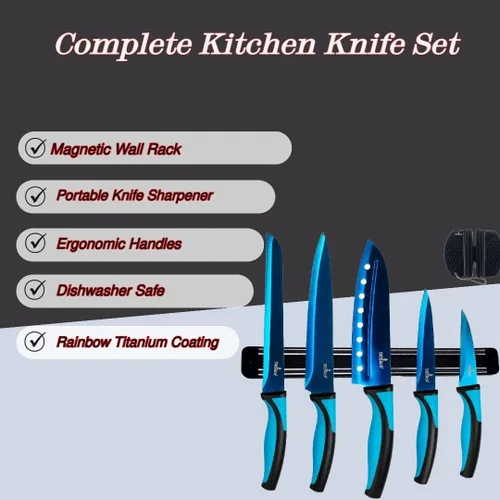Miniatura 7 de SiliSlick Juego de cuchillos de cocina, cuchillas recubiertas de titanio arcoíris, 5 cuchillos aptos para lavavajillas con afilador y estante de All