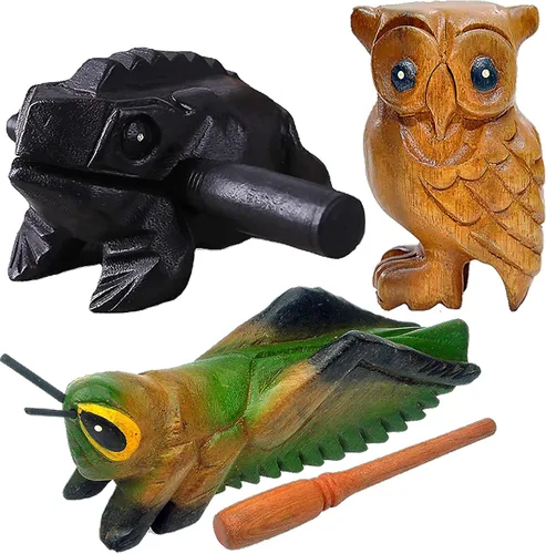 Juego de 3 instrumentos de percusión de madera hechos a mano con animales, rana de madera de 4 pulgadas, grillo de madera de 4 pulgadas y búho de
