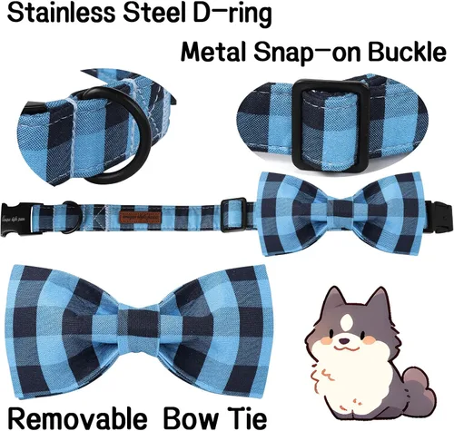 Miniatura 3 de Unique style paws Collar de perro de algodón con lazo, collar para cachorro con cuadrícula negra y azul para perros pequeños, medianos y grandes