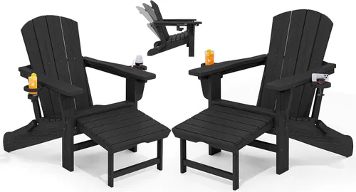 Miniatura 40 de KINGYES Silla Adirondack plegable ajustable con otomana retráctil, silla reclinable Adirondack de polietileno de alta densidad con soporte