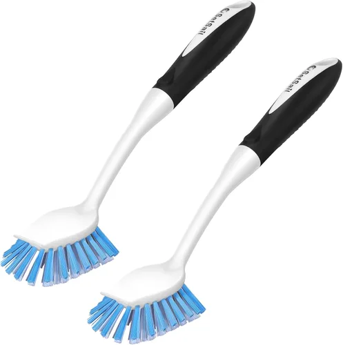 SetSail Cepillo de platos con asa, paquete de 2 cepillos de cerdas rígidas con raspador integrado para limpiar platos, ollas y sartenes, fregadero