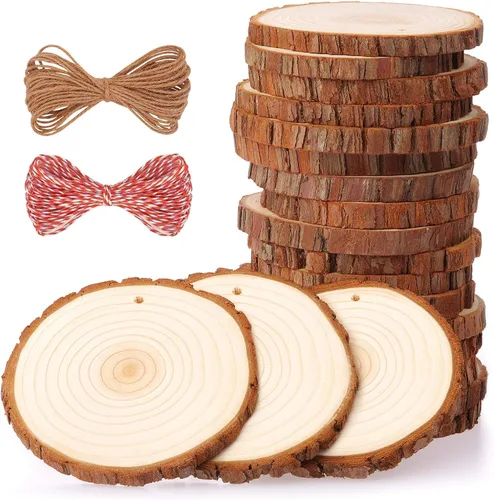 Fuyit Juego de 20 rebanadas de madera natural, de 3.5 a 4 pulgadas, sin acabar, preperforadas con agujero, círculos de madera, rebanadas de árbol