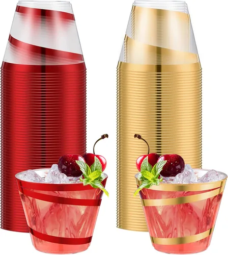 Miniatura 29 de Gejoy Tazas de plástico con borde en espiral de 9 onzas desechables, tazas de vino de plástico elegantes y transparentes, elegantes jarras de Oro
