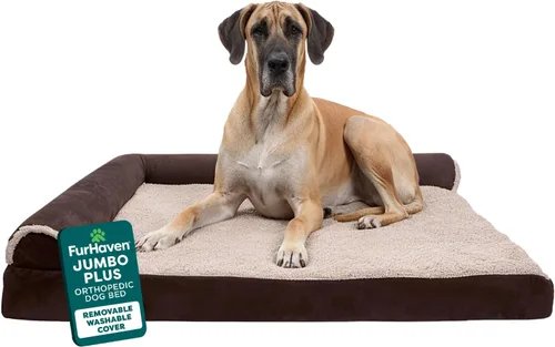 Miniatura 14 de Furhaven - Cama ortopédica de espuma para perros, de piel sintética y gamuza, en forma de L, en dos tonos estilo caja de huevos, color gris piedra