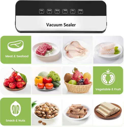 Máquina selladora al vacío 75KPa para alimentos con modos seco/húmedo 6 en 1 y diseño compacto y ligero, con 20 bolsas (negro)