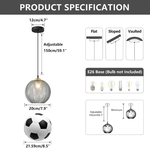 Miniatura 2 de KCO Iluminación Moderna de Vidrio Gris Ahumado Lámpara Colgante Isla de Cocina Globo Grande Estilo Granja Iluminación Colgante Ajustable Vidrio