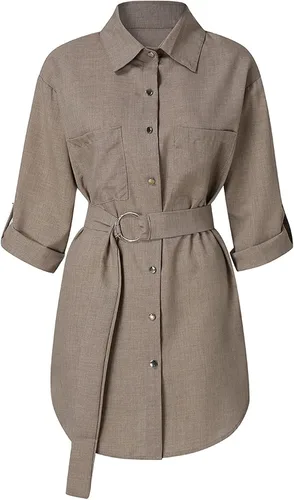 Miniatura 3 de FOVIGUO Vestido sexy de manga larga con botones para mujer, vestido de gasa con solapa y cinturón