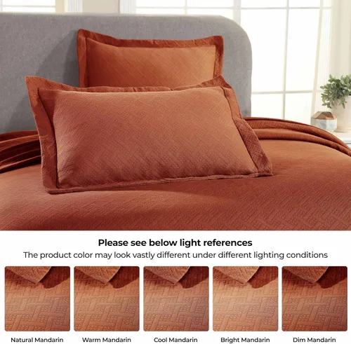 Miniatura 7 de Superior Colcha de Tejido de Cesta 100% Algodón con Fundas de Almohada, Ropa de Cama Jacquard Matelassé de Algodón Premium para Todas las Mandarina