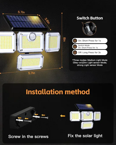 Miniatura 3 de Lámpara con sensor de movimiento para exteriores, luz de energía solar de 4 cabezales, luz solar 333 LED, luces de inundación inalámbricas