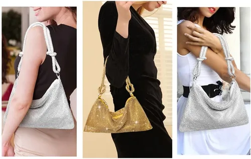 Miniatura 2 de Bolso Hobo con diamantes de imitación para mujer elegante bolso de noche brillante plateado con diamantes de imitación bolso dorado para graduación