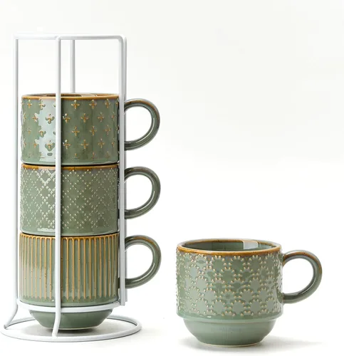 Miniatura 12 de Juego de 4 tazas de café de cerámica grandes con soporte, 15 oz, apilables, tazas de café con relieves diferentes y acanaladas para café con leche