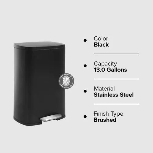 Miniatura 6 de Basurero de 13 galones de acero inoxidable de 50 litros, cubo de basura de metal para el hogar y la cocina, color negro