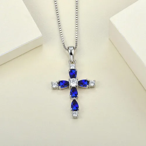 Miniatura 105 de YL Collar de cruz de plata de ley 925 con colgante de piedra natal religiosa para mujer