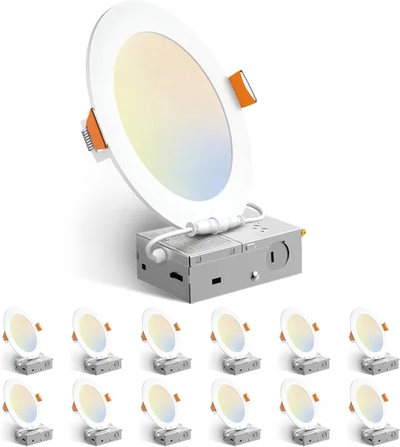 Amico paquete de 12 luces de techo empotrables ultrafinas de 6 pulgadas, 5 CCT, con caja de conexiones, 2,700 K, 3,000 K, 3,500 K, 4,000 K, 5,000 K