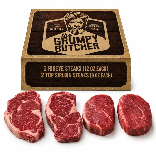 Caja de regalo de 4 filetes Grumpy Butcher – 2 filetes de entrecot (12 oz) y 2 filetes de solomillo superior (6 oz) – Sampler de carne Angus