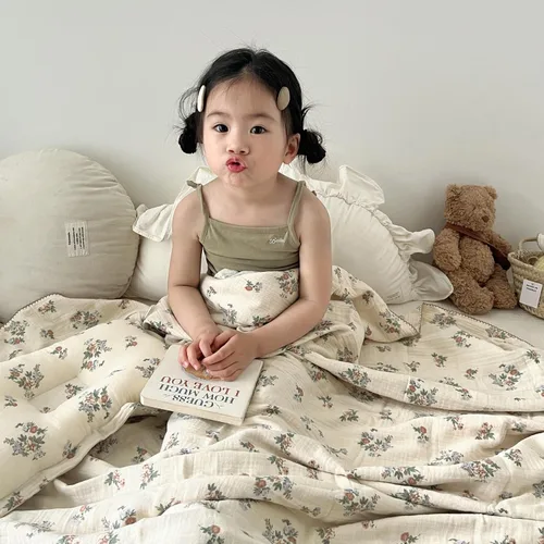 Miniatura 18 de BuLuTu Manta de 4 capas para niños pequeños, 100% algodón muselina, mantas de cama para niños, niñas, niños, con bonito patrón de flores de hibisco