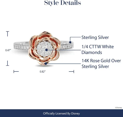 Miniatura 7 de Jewelili Enchanted Disney Fine Jewelry Anillo compuesto de oro rosa de 14 quilates sobre plata esterlina 1/4 Cttw Belle Rose