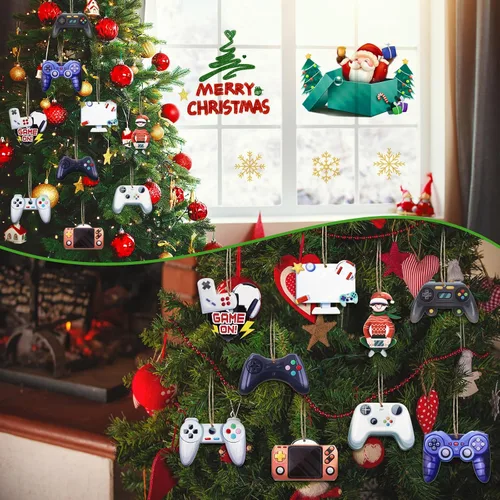 Miniatura 5 de Kathfly 27 piezas de adornos de videojuegos navideños para árbol de Navidad, controlador de sistema de madera, etiqueta colgante para fiesta