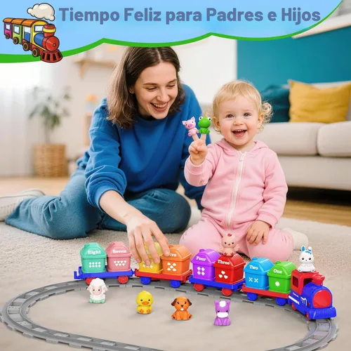 Miniatura 5 de Juguetes de aprendizaje para niños de 1, 2, 3 años, juego de tren de granja eléctrico para niñas de 2 a 4 años, juguete de tren Montessori para Azul