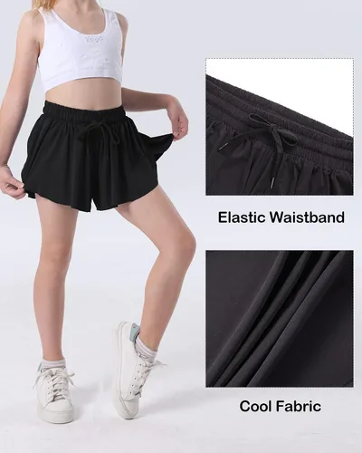Miniatura 3 de KEREDA Pantalones cortos fluidos para niñas, pantalones cortos de mariposa para niñas adolescentes con forro de elastano 2 en 1 para correr