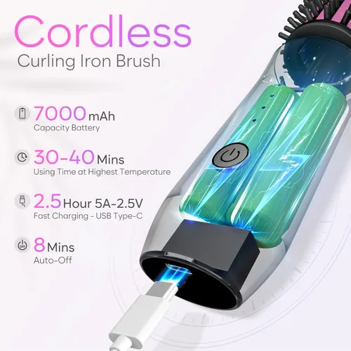 Miniatura 2 de Cepillo de rizador inalámbrico, 2024, nuevo mini cepillo portátil de viaje para mujeres, 7000 mAh recargable por USB con iones negativos, gris