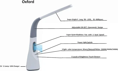 Miniatura 3 de Artiva USA Lámpara de escritorio LED ajustable Oxford con ventilador sin aspas y cargador USB