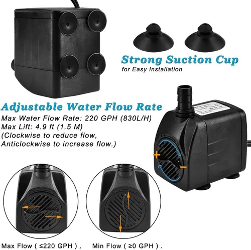 Miniatura 5 de DOMICA Bomba de fuente ultra silenciosa de 220 GPH (15 W 800 L/H), pequeña bomba sumergible para estanque, característica de agua, acuarios