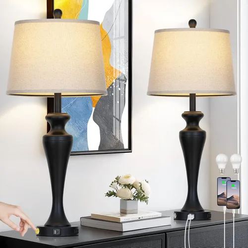 Miniatura 10 de Lámpara de mesa marrón oscuro de 30 pulgadas, lámpara de noche individual con control táctil de 3 vías con puertos USB A+C y salida de CA, lámparas