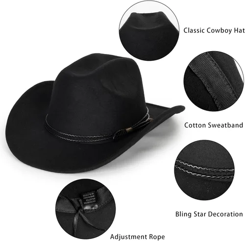 Miniatura 3 de Sombrero de vaquero clásico de fieltro occidental para mujeres y hombres de ala ancha con hebilla de cinturón (tamaño: mediano-grande)