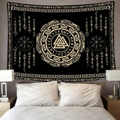 Miniatura 2 de F-FUN SOUL - Tapiz nórdico de vikings, tamaño grande 152 cm x 102 cm de franela suave, tapiz valknut vikingo con runas celtas, estética mitológica