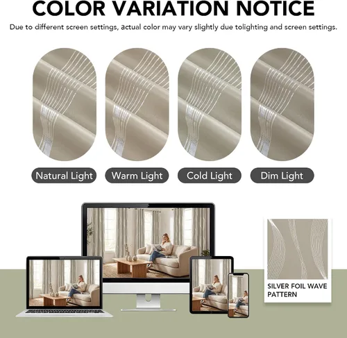 Miniatura 8 de Deconovo Beige Blackout Curtains 42" W x 45" L - Silver Wave Foil Print Thermal Insulated Grommet Curtain Panels for Bedroom, Set of 2 (6 Grommets)
