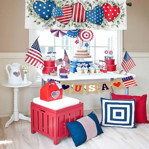 Miniatura 5 de Cortina de cenefas para el 4 de julio, diseño de corazón y bandera americana, cortina patriótica para ventanas de cocina, rojo, blanco y azul