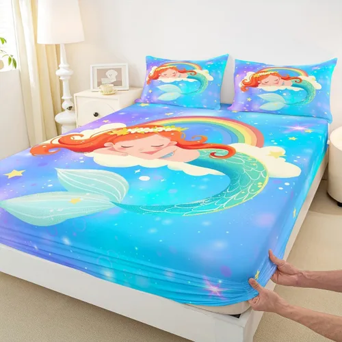 Miniatura 4 de Juego de sábanas bajeras con diseño de cola de sirena de sirena, juego de ropa de cama de escamas de pescado con purpurina, tamaño individual, juego