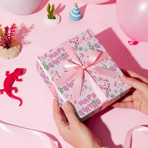 Miniatura 4 de RUSPEPA - Rollo de papel de regalo de cumpleaños para niñas, mini rollo, lindo diseño de ajolote y submarino con texto de feliz cumpleaños