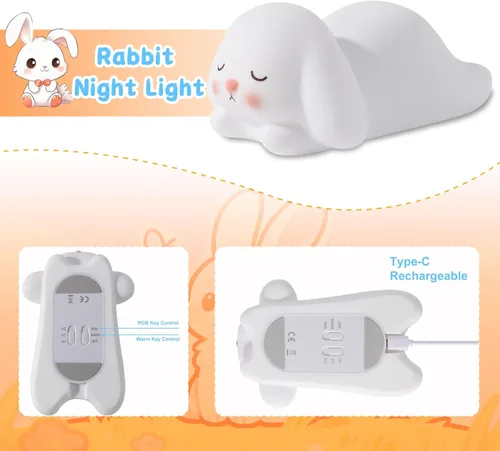 Miniatura 2 de ZKLiLi Luz nocturna para niños, linda lámpara de conejo, 16 colores+toque+luz nocturna de silicona para niños, luces nocturnas de conejo recargables