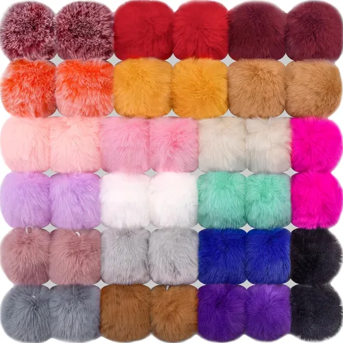 BQTQ 40 pompones de piel sintética con lazo elástico, pompones esponjosos, pompones de piel sintética de conejo para sombreros, gorros, zapatos,