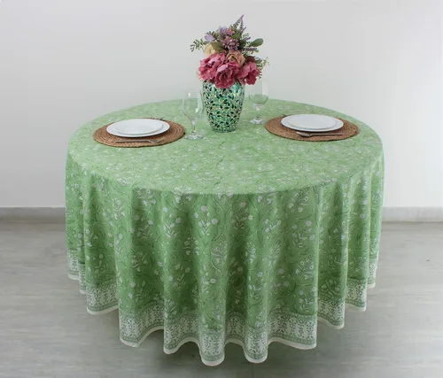 Miniatura 2 de Ridhi Mantel redondo con estampado de bloque a mano, 100% algodón, reutilizable, color verde pera de 132 pulgadas, mantel decorativo para uso diario