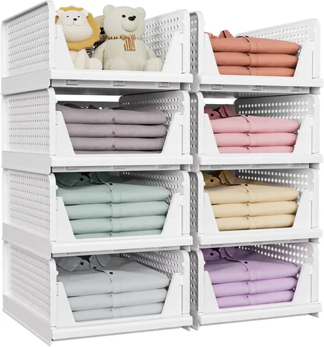 Miniatura 9 de SNSLXH Paquete de 5 cajas organizadoras apilables de armario, cesta de almacenamiento multifuncional y plegable para baño, cocina, lavandería, Rosa