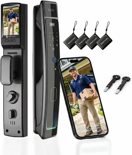 Cerradura de puerta inteligente con cámara y reconocimiento facial 3D, cerradura de puerta de entrada sin llave con huella digital, contraseña,