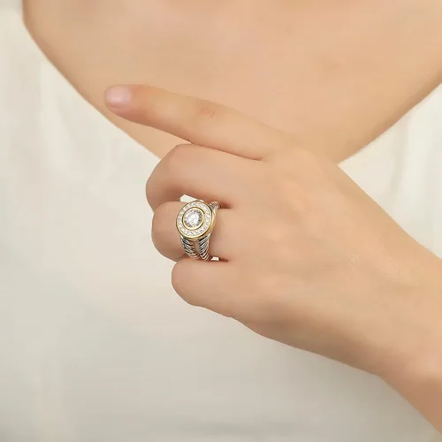 Miniatura 4 de UNY JEWEL Anillo de alambre trenzado de dos tonos con vástago dividido pavé CZ joyería inspirada en el diseñador único anillo de moda para mujer