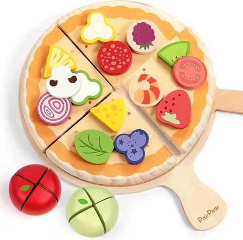PairPear Juego de comida de madera para cortar pizza, 28 piezas de juguete de pizza, juego de cocina Montessori, accesorios de cocina, regalo para