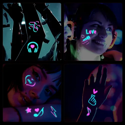 Miniatura 5 de Konsait Tatuajes temporales que brillan en la oscuridad para niños y adultos, 10 hojas de neón para fiestas, tatuajes corporales, tatuajes falsos
