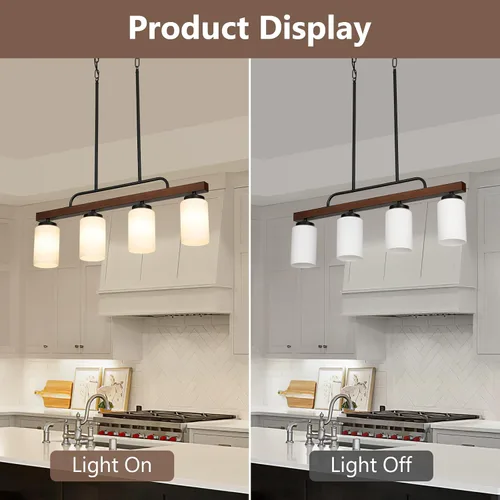 Miniatura 7 de Lámpara de Comedor Estilo Granja Sobre Mesa, Iluminación de Isla de Cocina de Madera Negra de 4 Luces con Vidrio Blanco Leche, Luces Colgantes