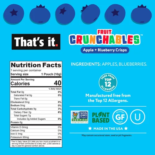 Miniatura 2 de That's it. Fruit Crunchables - Chips 100% de Manzana + Arándano, Paquete de 15 bocadillos saludables para niños a base de plantas, sin OGM, sin