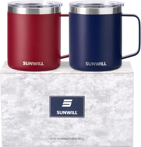 Miniatura 15 de SUNWILL - Taza de café de viaje con tapa, taza aislada con asa, taza de acero inoxidable de 14 oz para acampar, oficina, hogar, recubrimiento