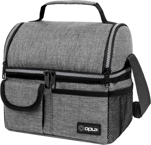 Miniatura 17 de Opux - Bolsa de almuerzo aislada de doble compartimento para hombres y mujeres Bolsa de almuerzo reutilizable con correa para el hombro, forro