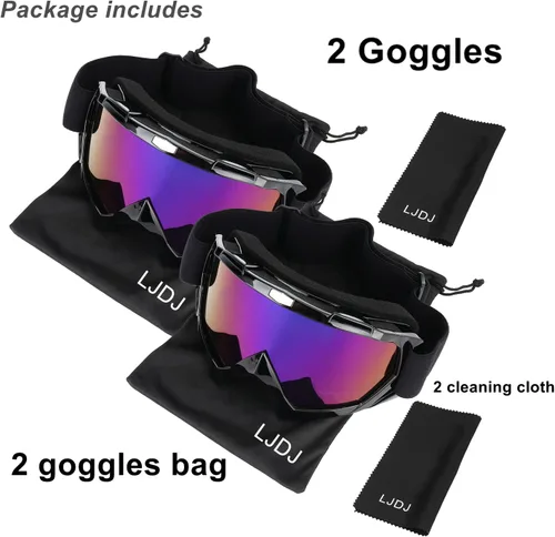 Miniatura 6 de LJDJ Gafas de esquí, paquete de 2 gafas de snowboard para nieve, antivaho y protección UV, visión amplia para hombres, mujeres y adultos