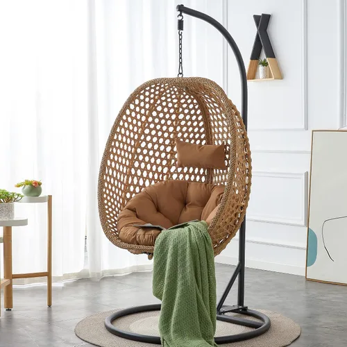 Miniatura 15 de Swining - Silla de huevo con soporte, sillas colgantes de mimbre de ratán para huevos, silla columpio para patio con cojín resistente a los rayos