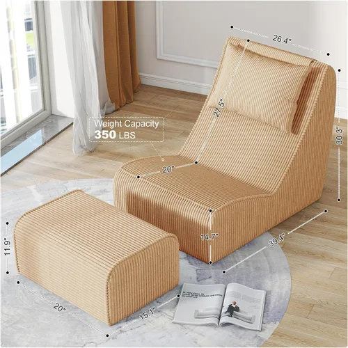 Miniatura 2 de Silla Puf Gigante para Adultos, Tumbona de Pana con Soporte Inigualable para la Espalda, Almohada Cervical Desmontable, Otomana Cómoda y Funda