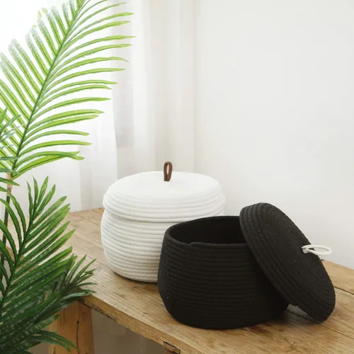 Miniatura 2 de Sea Team Cesta de almacenamiento redonda de cuerda de algodón con tapa, contenedor de almacenamiento tejido decorativo, cesto, maceta, caddy, Negro